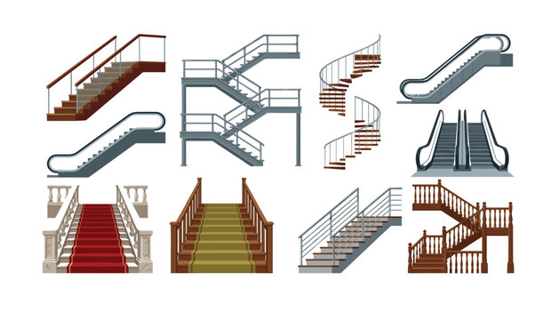 Stairs and escalators vector set featuring modern elevator, classic wooden staircases, spiral steps, metallic industrial fire escapes and red carpet ladders