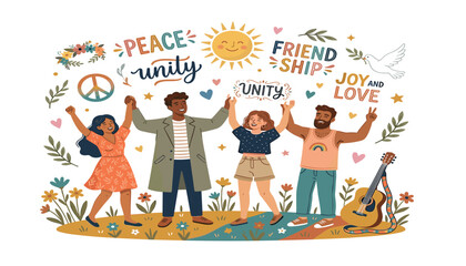 Diverse friends holding hands celebrating unity peace love and friendship with hippie elements and dove bird vector illustration