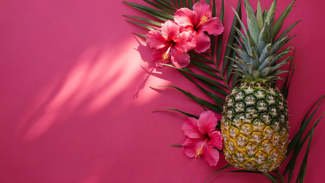 Fresh pineapple fruit with vibrant pink hibiscus flowers and tropical palm leaves arranged on a bright pink background, for summer flat lay