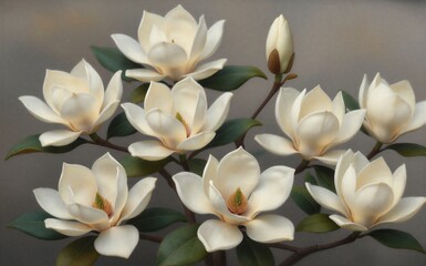 Obraz premium Elegant white magnolias bloom gracefully on dark branches against a soft gray backdrop.