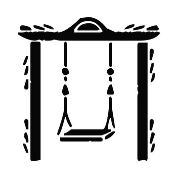 Minimalist black and white graphic illustration featuring a simple playground swing set for children outdoor play