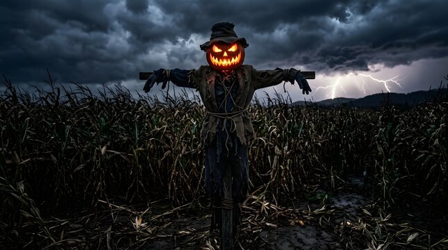 Scary scarecrow with glowing pumpkin head in stormy cornfield