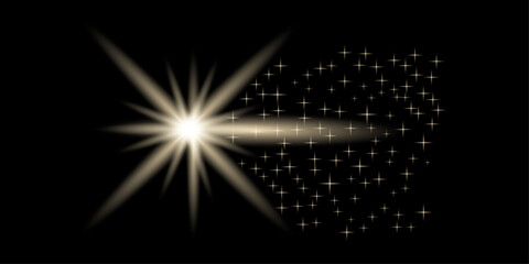 Glowing gold starburst with sparkling trail, celestial light flare on black background, shining golden comet effect for festive holiday design © ali