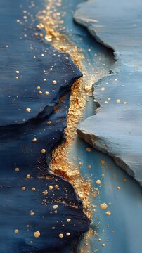 Artistic abstract ocean wave with gold splashes and textured blue and gray surfaces for creative design and decor concepts
