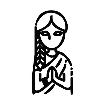 Minimalist black and white line art illustration of an indian woman performing a traditional namaste greeting