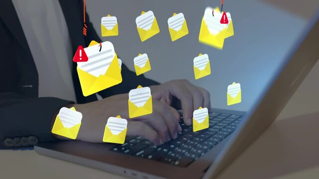 Phishing attack and scam email. Man falling victim to phishing. Spoofing and fraudulent messages
