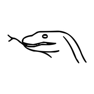 Minimalist black and white line art illustration of a snake head with a forked tongue
