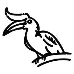 Black and white line art illustration featuring a stylized hornbill bird sitting on a branch © Arg Studio