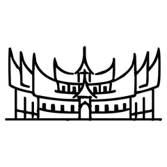 Traditional indonesian house drawing with distinct curved horn shaped roofs in a simple black line style © Arg Studio
