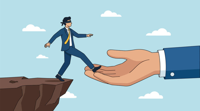 Blindfolded businessman stepping onto a giant helping hand as a vector graphic design business concept illustration