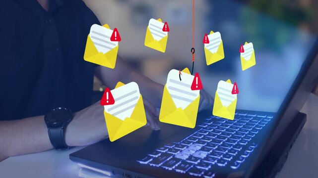 Phishing attack and scam email. Man falling victim to phishing. Spoofing and fraudulent messages