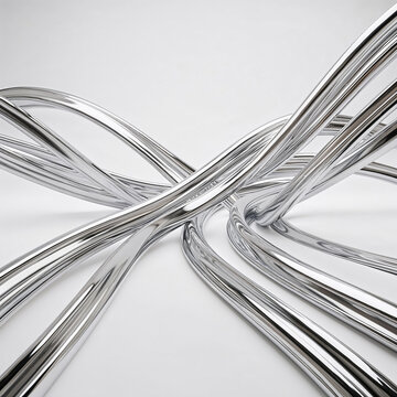 Wide panoramic landscape created from polished chrome ribbons flowing across a clean white surface, futuristic luxury aesthetic, soft studio illumination, realistic metallic reflections, premium archi
