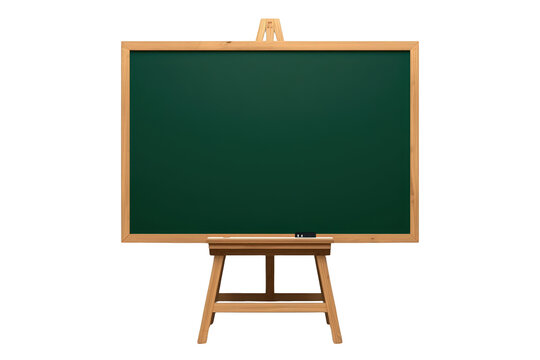 Green chalkboard blank on wooden easel with duster and chalk, empty classroom display for learning concepts