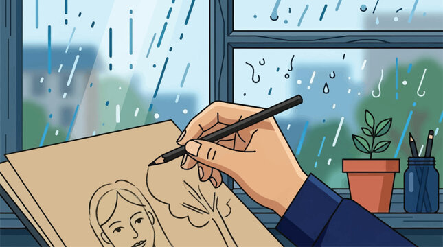 Artist drawing portrait sketch at window during rainy day, creative hobby indoors, illustration for art and lifestyle themes.