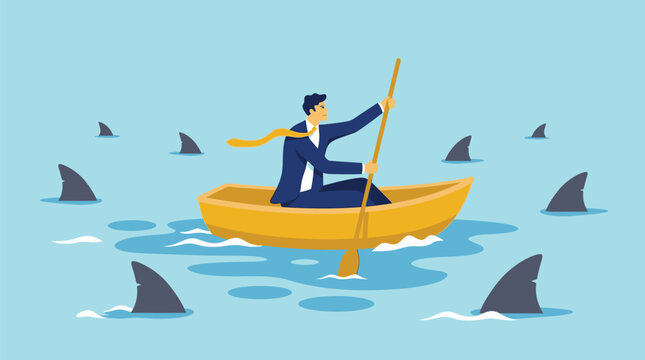 Professional businessman in a suit rowing a small yellow boat among many dangerous shark fins