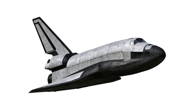 Detailed metallic space shuttle vehicle, isolated on transparent background
