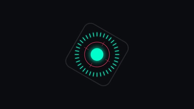 Animated futuristic HUD interface rotating on a black background with glowing cyan and pink elements.