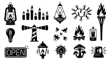 Fototapeta premium Set of Black and White Vector Silhouette Light Sources Icons for Lighting and Illumination.