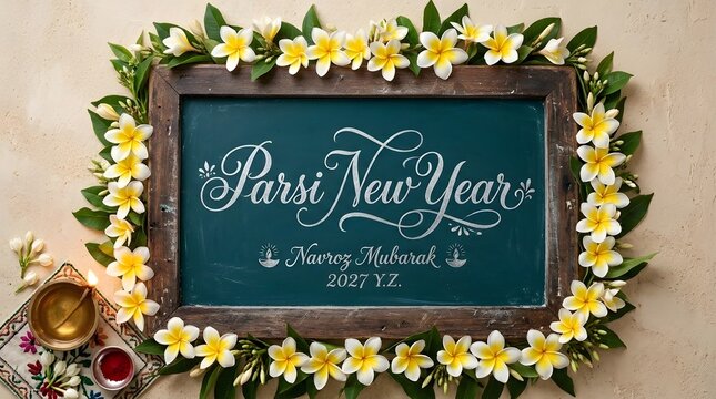 Parsi new year noruz mubarak celebration with plumeria floral arrangement