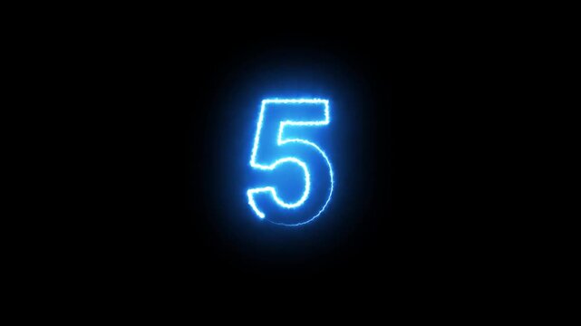 Glowing neon inscription  5 text animation. Neon number display step 5 concept on black background.