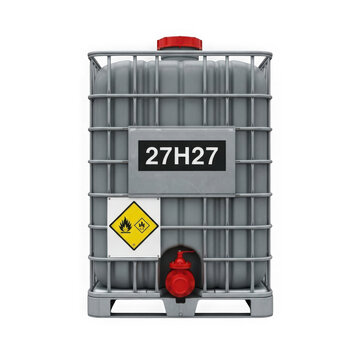 Industrial ibc plastic water tank with a metal cage frame and a red valve isolated on transparent background , PNG