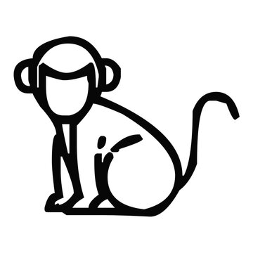 Minimalist black and white line art illustration of a cute sitting monkey on white background