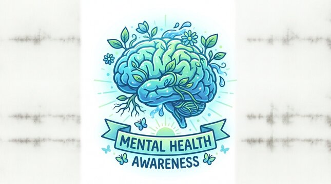 Mental Health Awareness Brain Illustration with Flowers and Butterflies