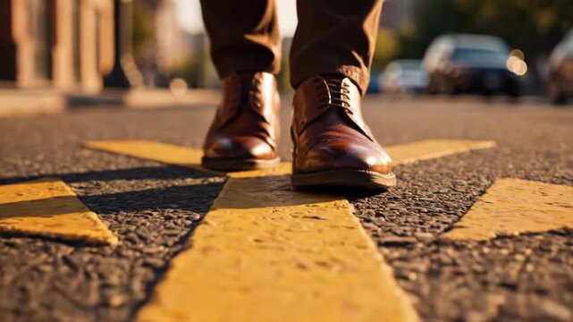 Low-angle close-up of a person in brown leather derby shoes walking across an asphalt city street with painted yellow lines during golden hour sunlight with bokeh background.