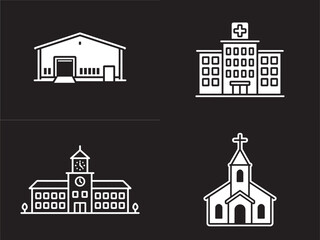 Fototapeta premium Set of four building icons including warehouse hospital school and church in white line art style
