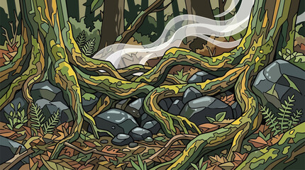 Intricate Forest Roots and Rocks with Wisps of Smoke, Ethereal Woodland Atmosphere, Nature Illustration for Environmental Themes © Salim rantisqa