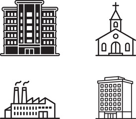Set of building icons including office, church, factory, and apartment block in flat vector style © reza