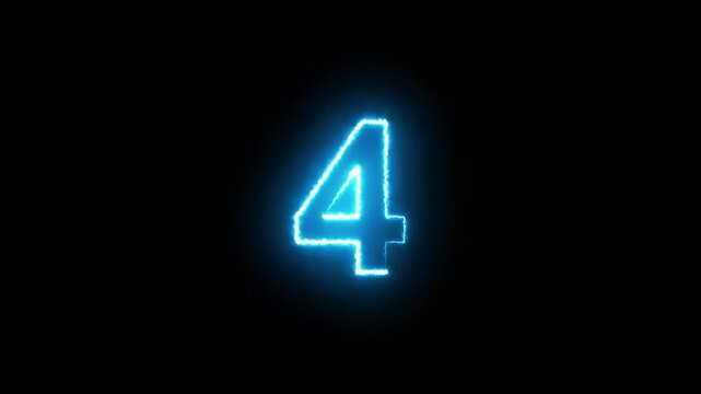 Abstract glowing neon text 4 number countdown icon. Glowing sign on black background Neon number 4 with alpha channel, simple blue neon color. Seamless loop style animation