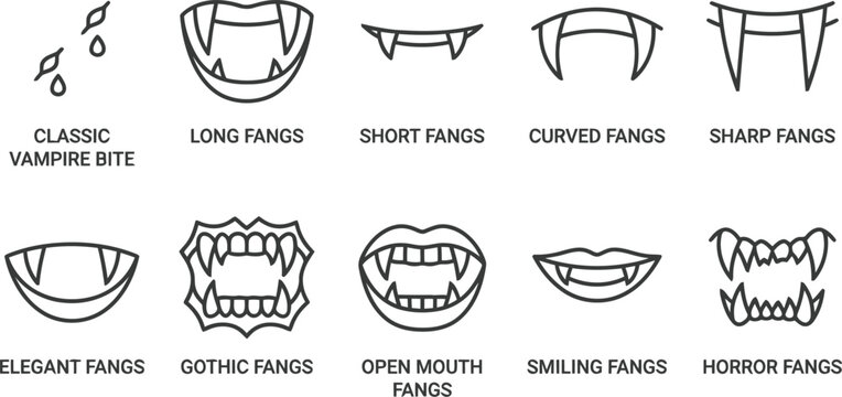 Collection of various vampire fangs and bite marks in a minimalist line art style
