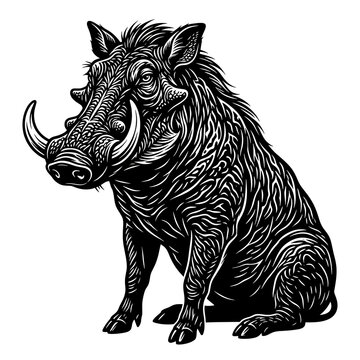 Black warthog sitting in aggressive stance. Striking wildlife vector illustration with detailed fur texture and sharp tusks.