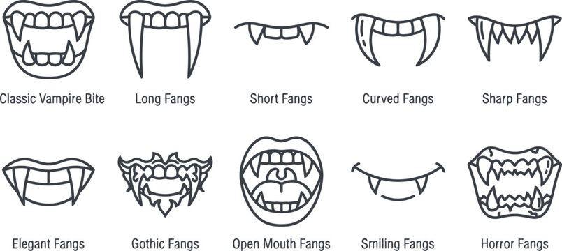 Collection of various vampire fangs and mouth expressions in a line art style