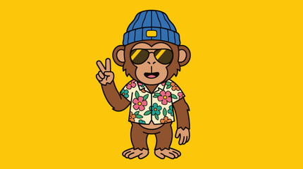 Cool monkey mascot in floral shirt and sunglasses. © Bakori