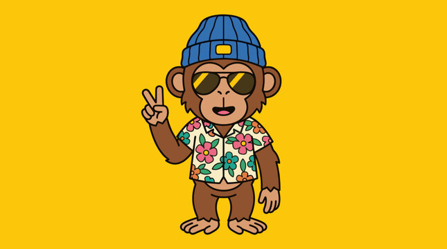 Cool monkey mascot in floral shirt and sunglasses.