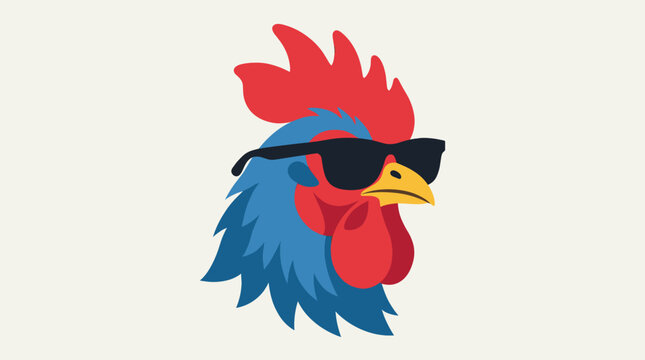Colorful rooster head wearing stylish black sunglasses.