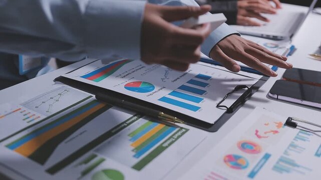 Accountant woman working on financial investment on calculator, calculation, business growth analysis and marketing on graph at office.