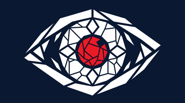 Abstract geometric eye with red iris illustration.