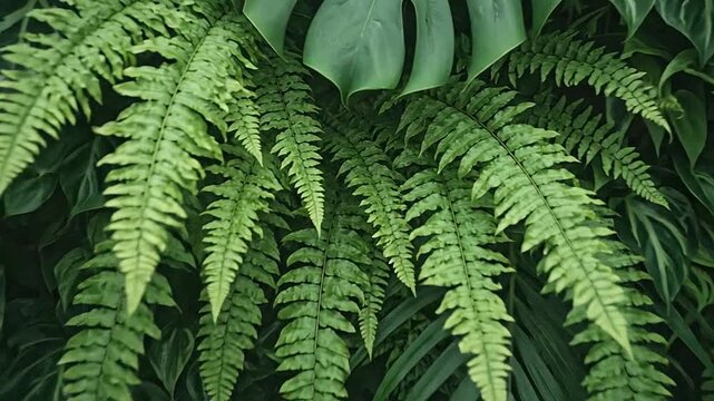 A lush vertical garden wall featuring a dense collection of vibrant green tropical foliage