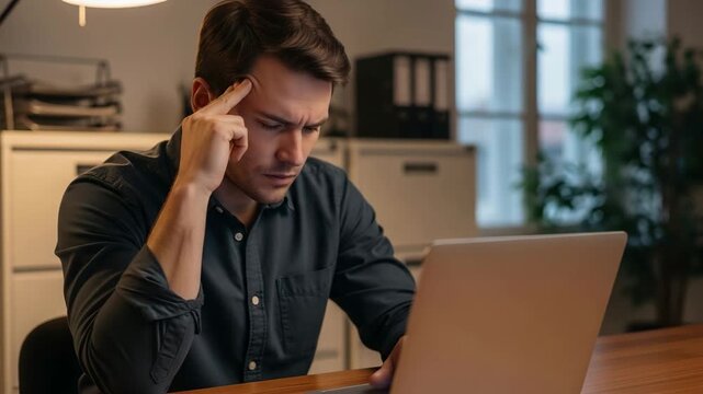 Frustrated Concentration A man intensely focused on his laptop his brow furrowed in concentration as he works late into the evening a feeling of deep thought and challenge