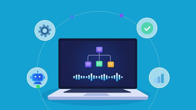 Animated flat vector motion graphic featuring an AI workflow automation interface on a laptop with process, settings, verification, analytics, and chatbot icons. Ideal for business automation and arti