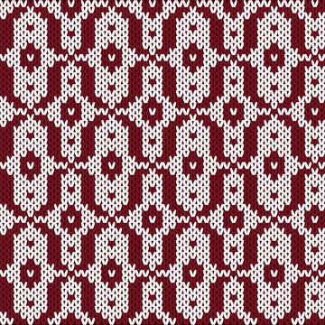 Seamless Christmas Knitting Pattern with Burgundy and White Geometric Ornaments