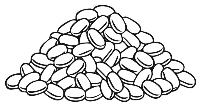 Pile of oval shaped white pills in a heap, black and white line drawing