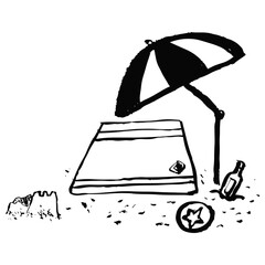 Simple black and white line art drawing of a beach umbrella and towel on sand © Arg Studio