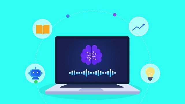 Animated flat vector motion graphic featuring an AI machine learning interface on a laptop with neural network, analytics, education, innovation, and chatbot icons. Ideal for artificial intelligence a