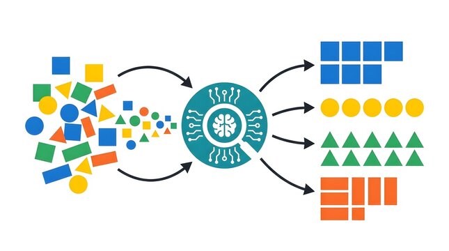 Flat vector illustration showing artificial intelligence organizing, classifying, and categorizing information into structured groups. Suitable for search engine technology, machine learning, data sor