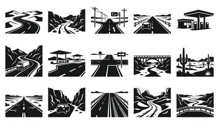 Fototapeta premium Transportation Roads Vector Icons Set: Black White Highways, Bridges, Gas Stations Travel Infrastructure
