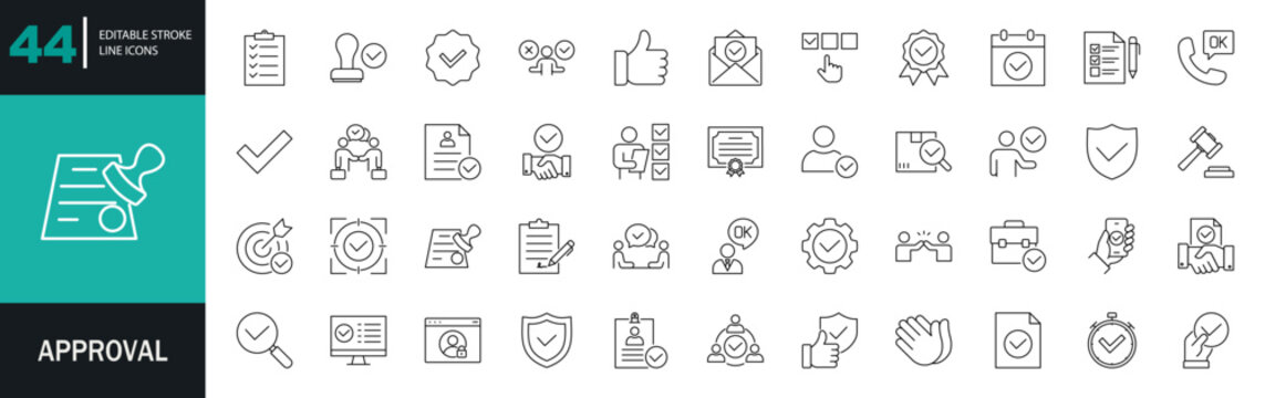 approval icon set. checkmarks, agreement seals, documents, signatures, certified, decisions, validation stamps, and compliant businesses.  Editable line icons. Vector illustration.